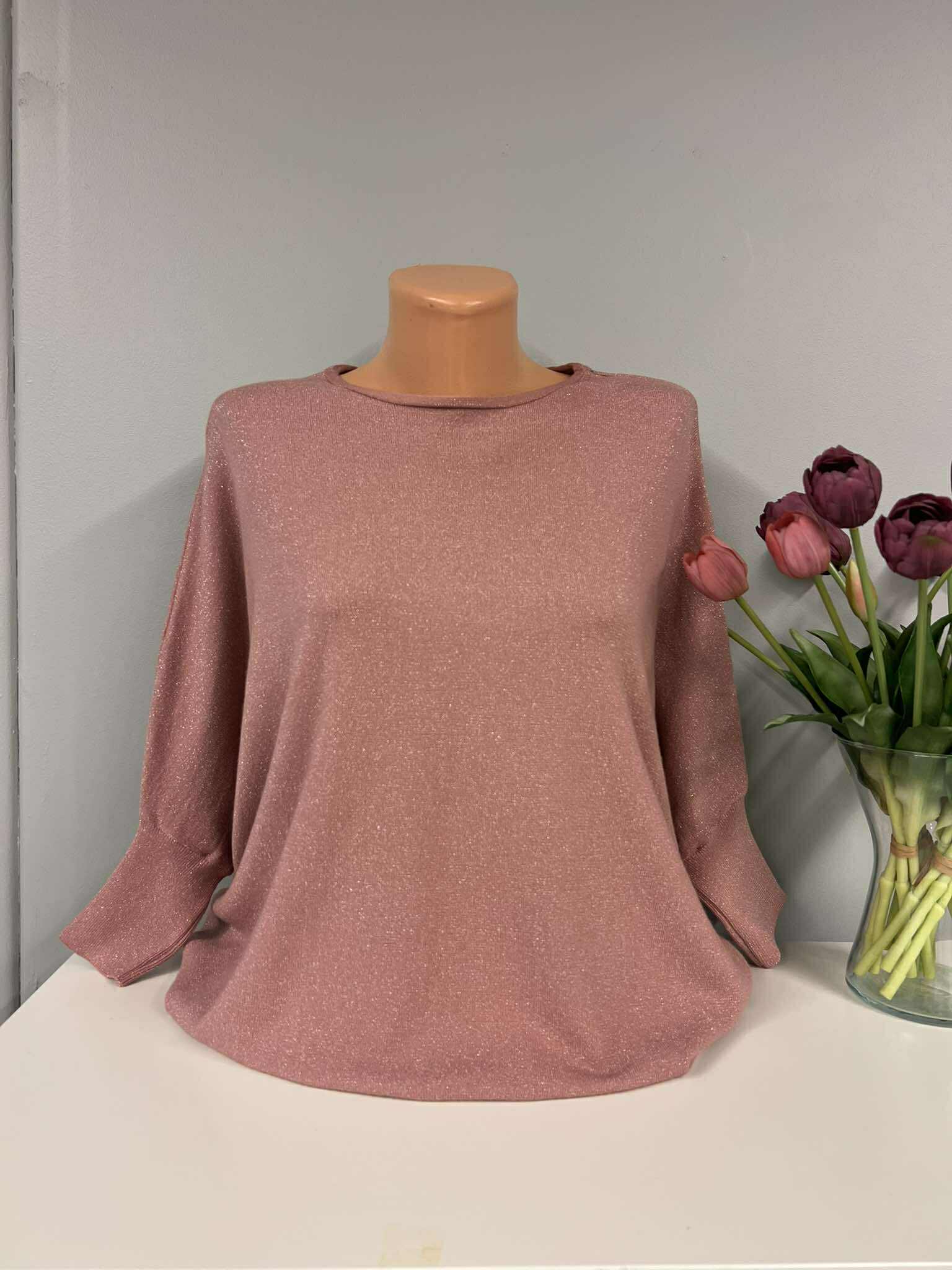 Pelenų rožės spalvos blizgus megztinis krūtinei iki 130cm