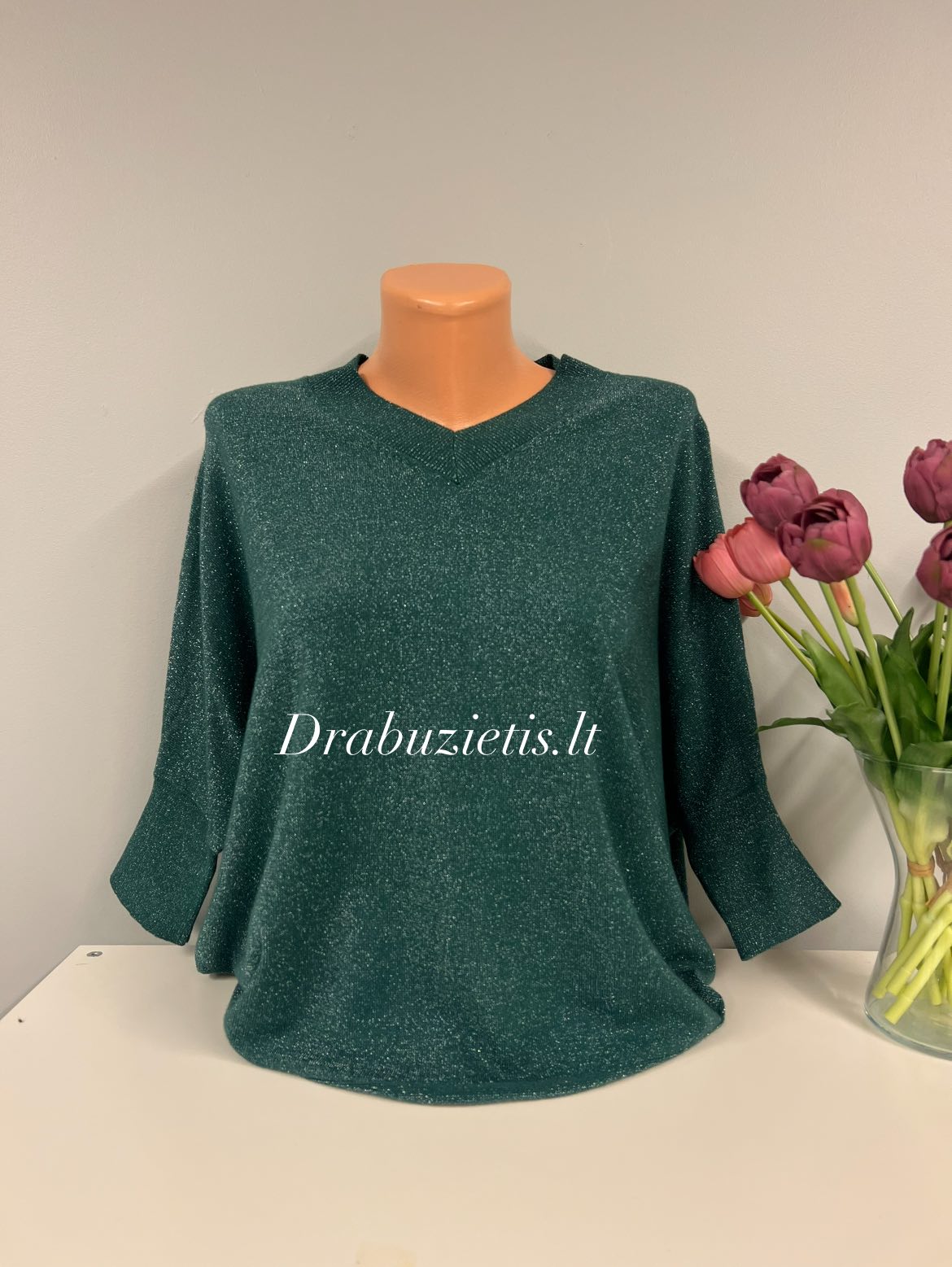 Smaragdinės spalvos blizgus megztinis krūtinei iki 130cm