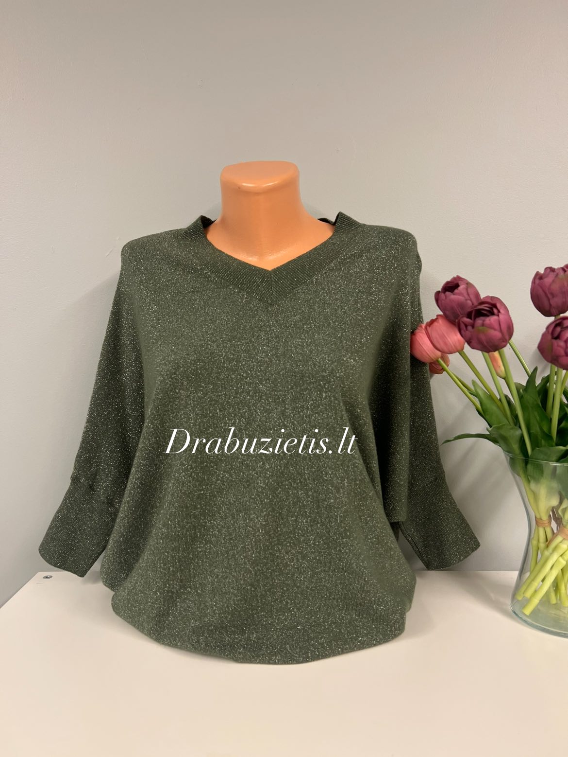 Žalias blizgus megztinis krūtinei iki 130cm