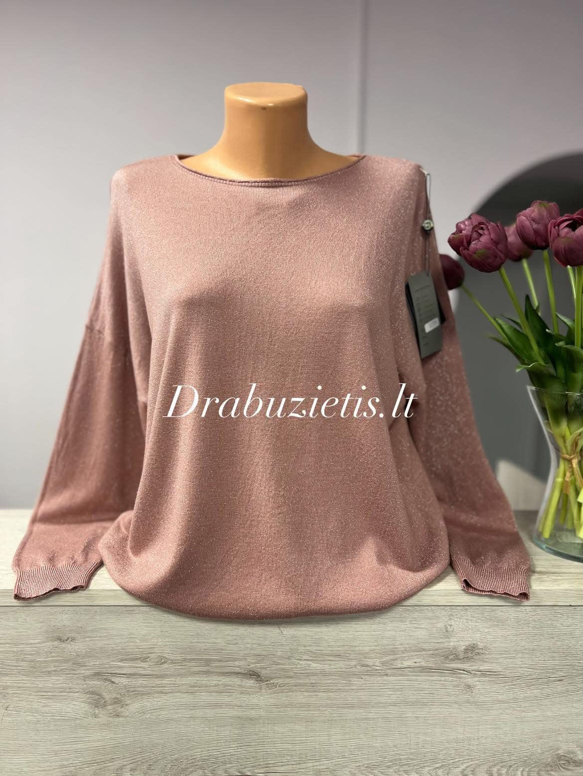 Pelenų rožės spalvos blizgus megztinis krūtinei iki 120cm